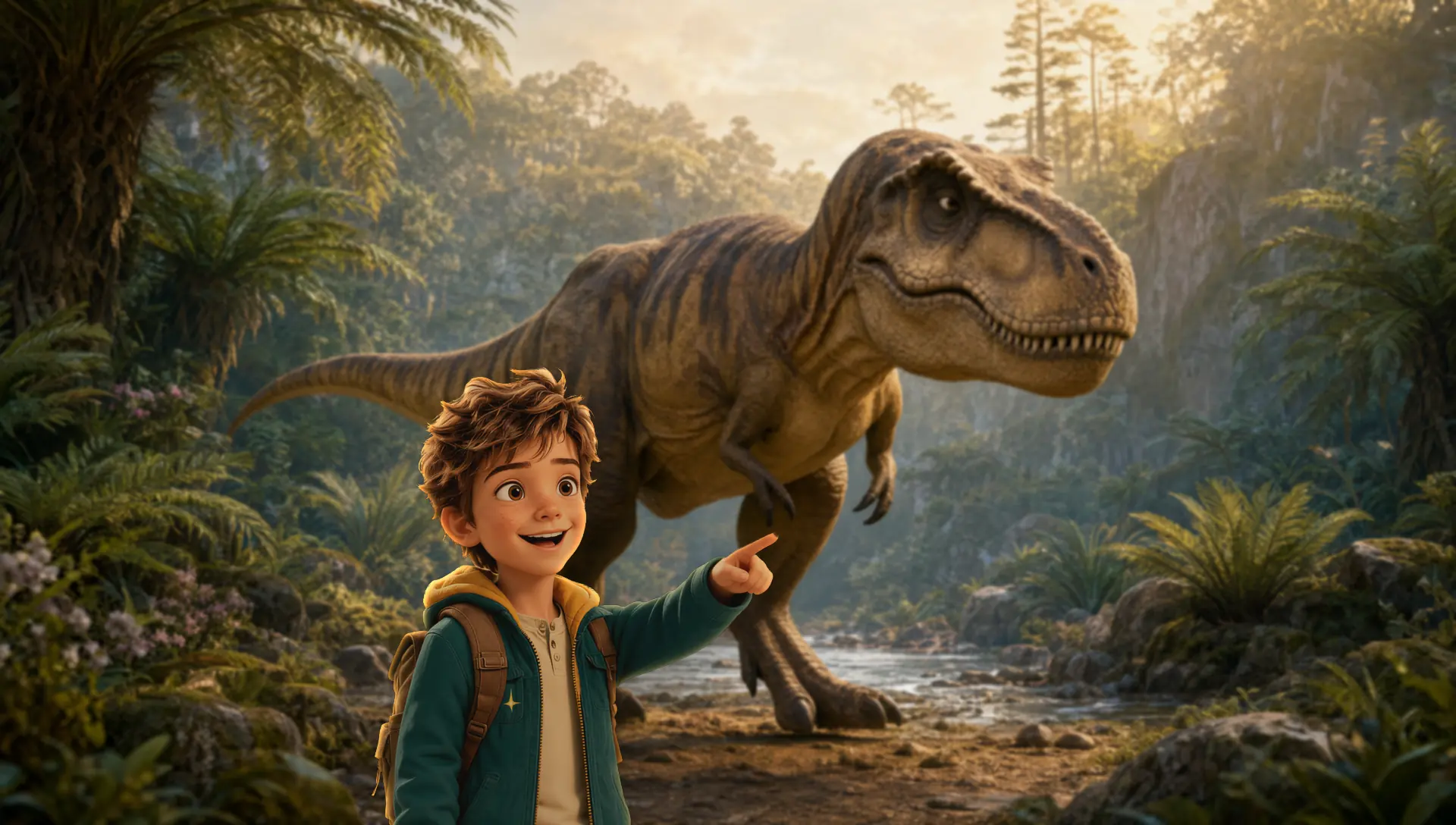 Kip Fieldstone, excited, pointing across a forest stream at a Tyrannosaurus rex walking by in warm evening light
